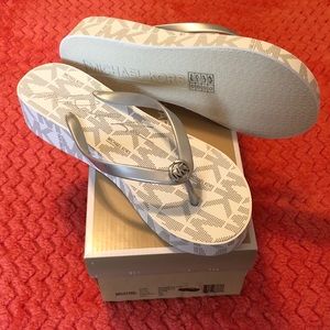 Michael kors White and silver wedge flip flops 10